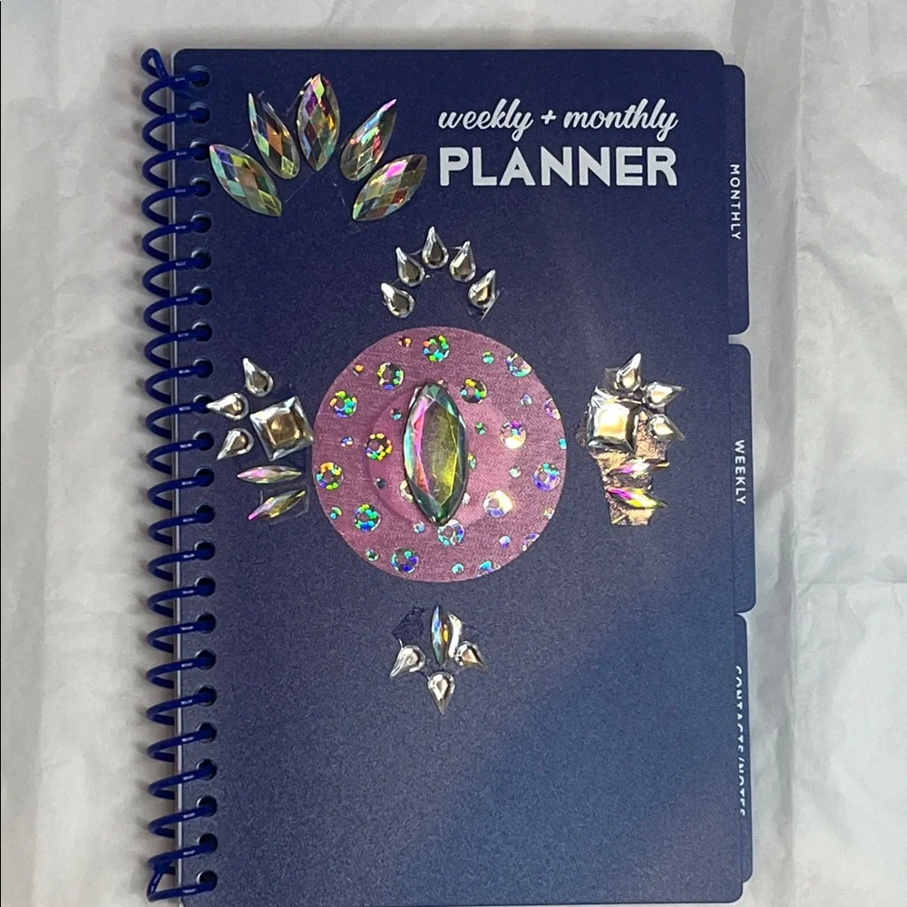 Weekly + Monthly Planner - Navy Blue with Iridescent Gems Hand Crafted